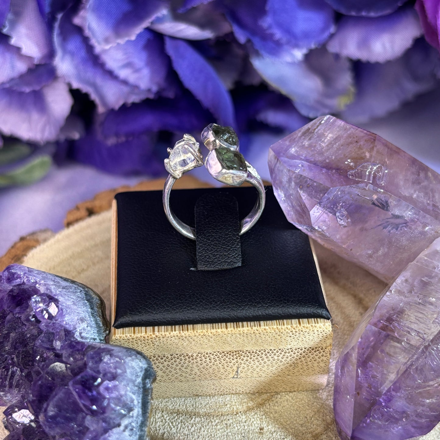 Sterling Silver Double Moldavite & Herkimer Diamond Wrap Ring