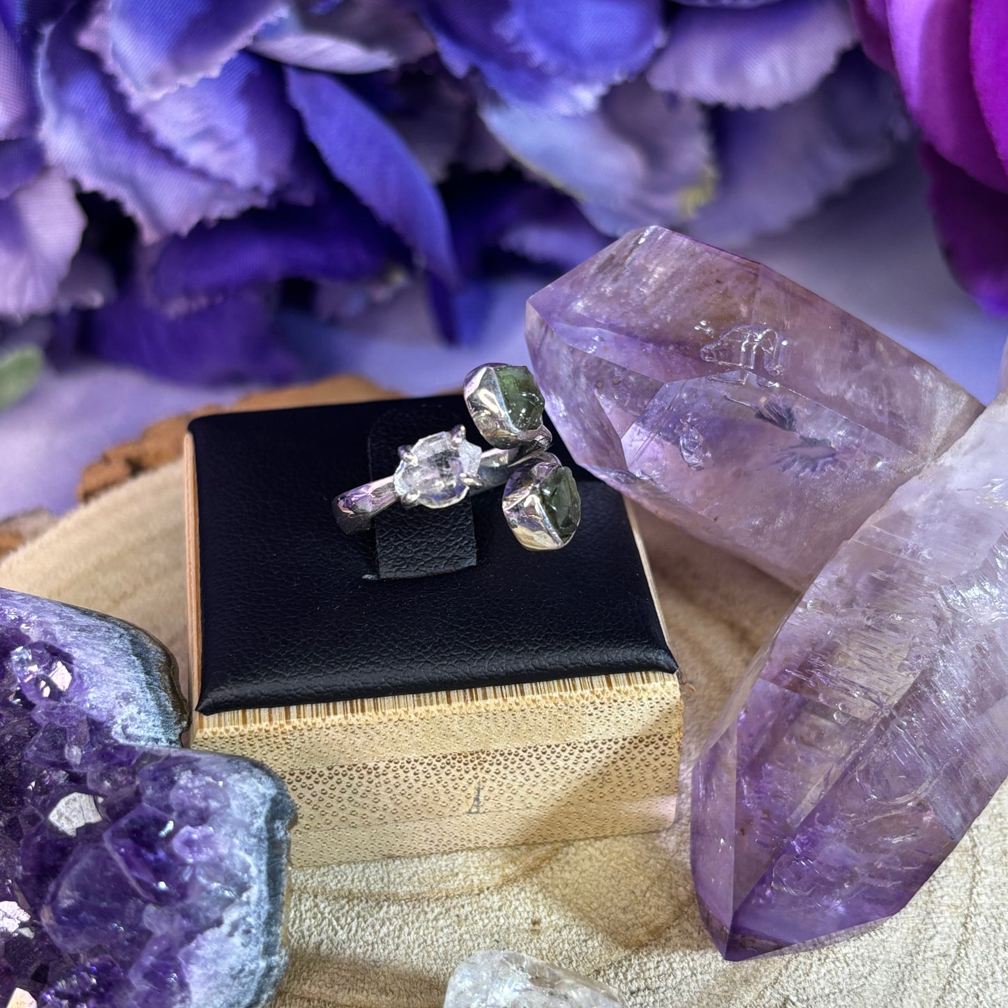 Sterling Silver Double Moldavite & Herkimer Diamond Wrap Ring